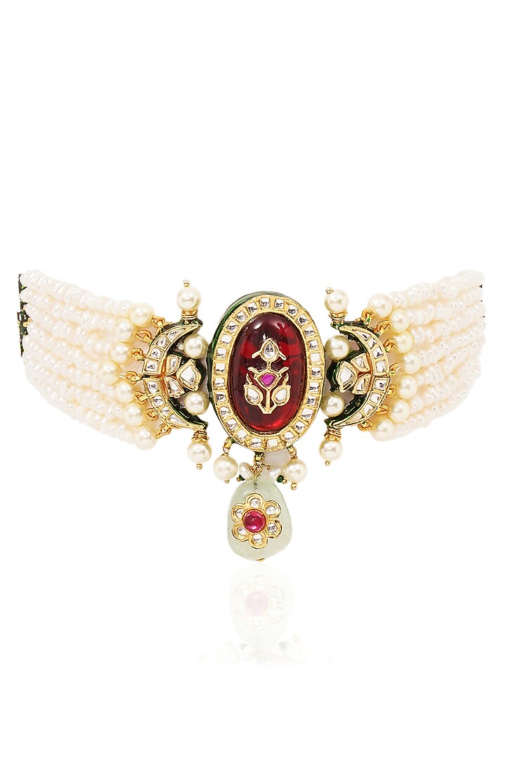 Gold Finish Kundan Polki & Ruby Choker Necklace by Preeti Mohan at Pernia's Pop Up Shop