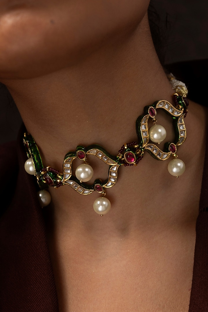 Gold Finish Kundan Polki & Ruby Choker Necklace Set by Preeti Mohan at Pernia's Pop Up Shop