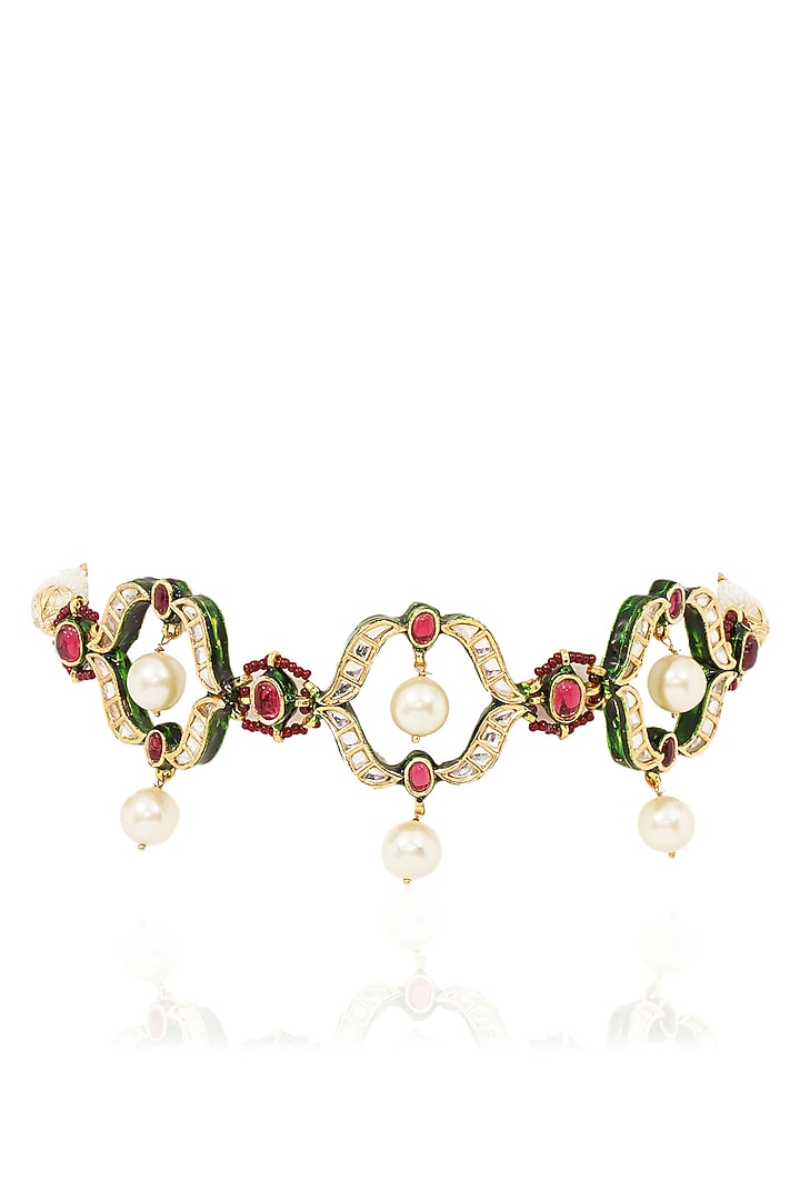 Gold Finish Kundan Polki & Ruby Choker Necklace Set by Preeti Mohan at Pernia's Pop Up Shop