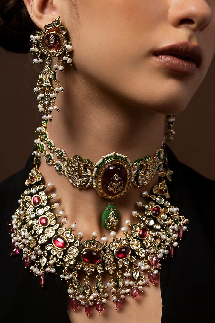 Gold Finish Kundan Polki & Green Onyx Choker Necklace by Preeti Mohan at Pernia's Pop Up Shop