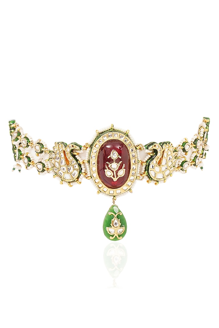 Gold Finish Kundan Polki & Green Onyx Choker Necklace by Preeti Mohan at Pernia's Pop Up Shop