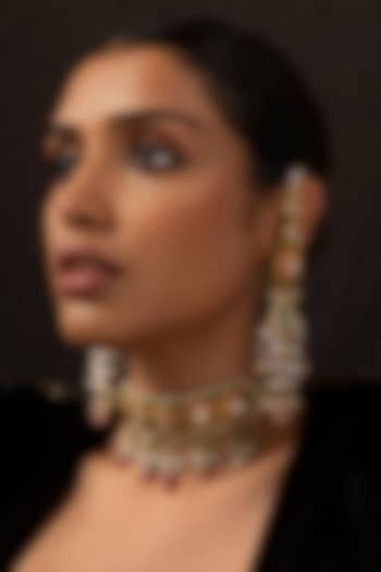 Gold Finish Kundan Polki & Pink Tourmaline Drop Choker Necklace Set by Preeti Mohan at Pernia's Pop Up Shop