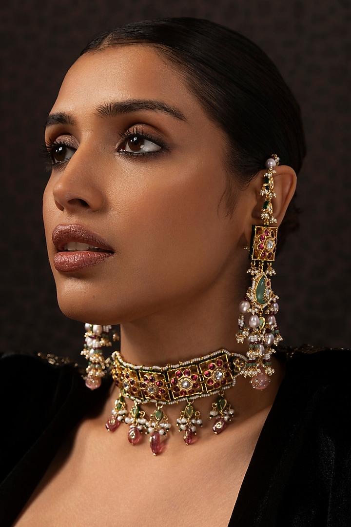 Gold Finish Kundan Polki & Pink Tourmaline Drop Choker Necklace Set by Preeti Mohan at Pernia's Pop Up Shop