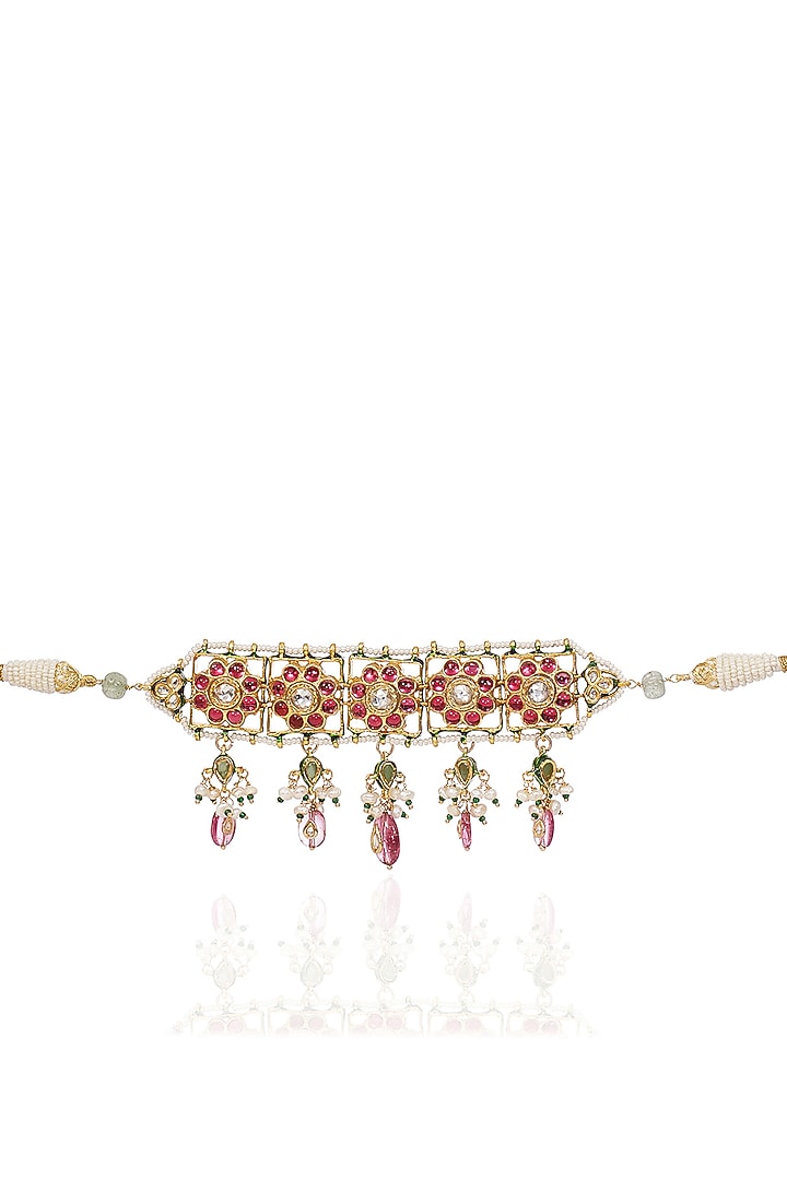 Gold Finish Kundan Polki & Pink Tourmaline Drop Choker Necklace Set by Preeti Mohan at Pernia's Pop Up Shop