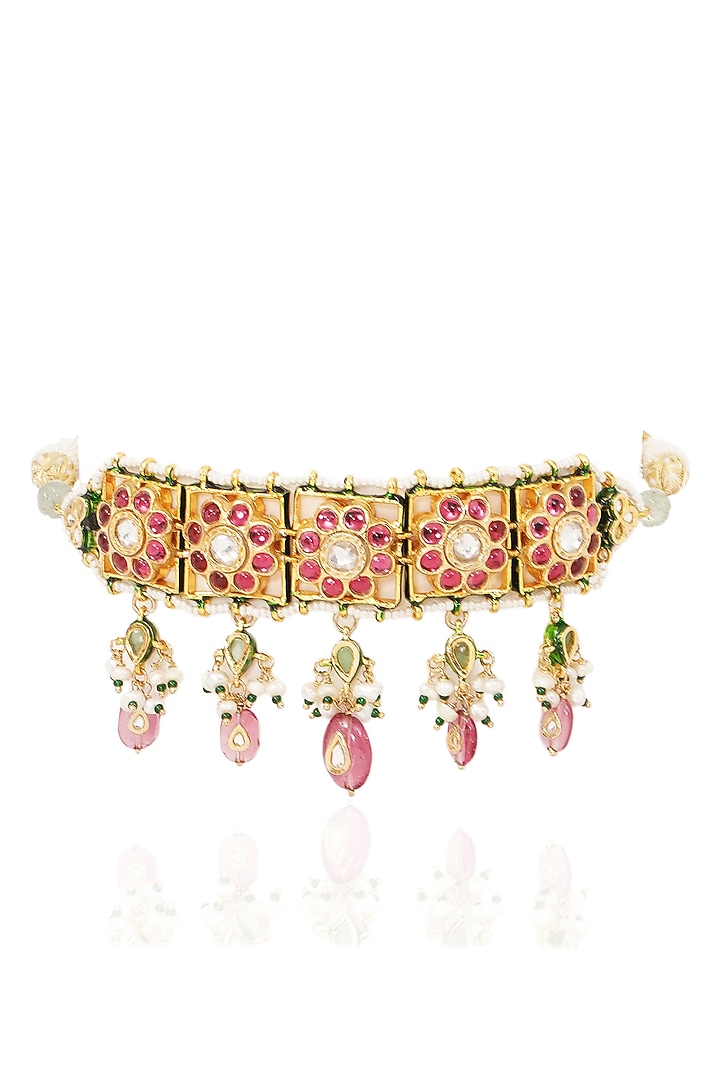 Gold Finish Kundan Polki & Pink Tourmaline Drop Choker Necklace Set by Preeti Mohan at Pernia's Pop Up Shop