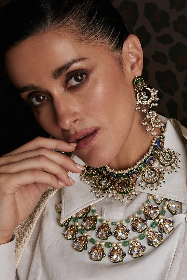 Gold Finish Kundan Polki & Pearl Choker Necklace Set by Preeti Mohan at Pernia's Pop Up Shop