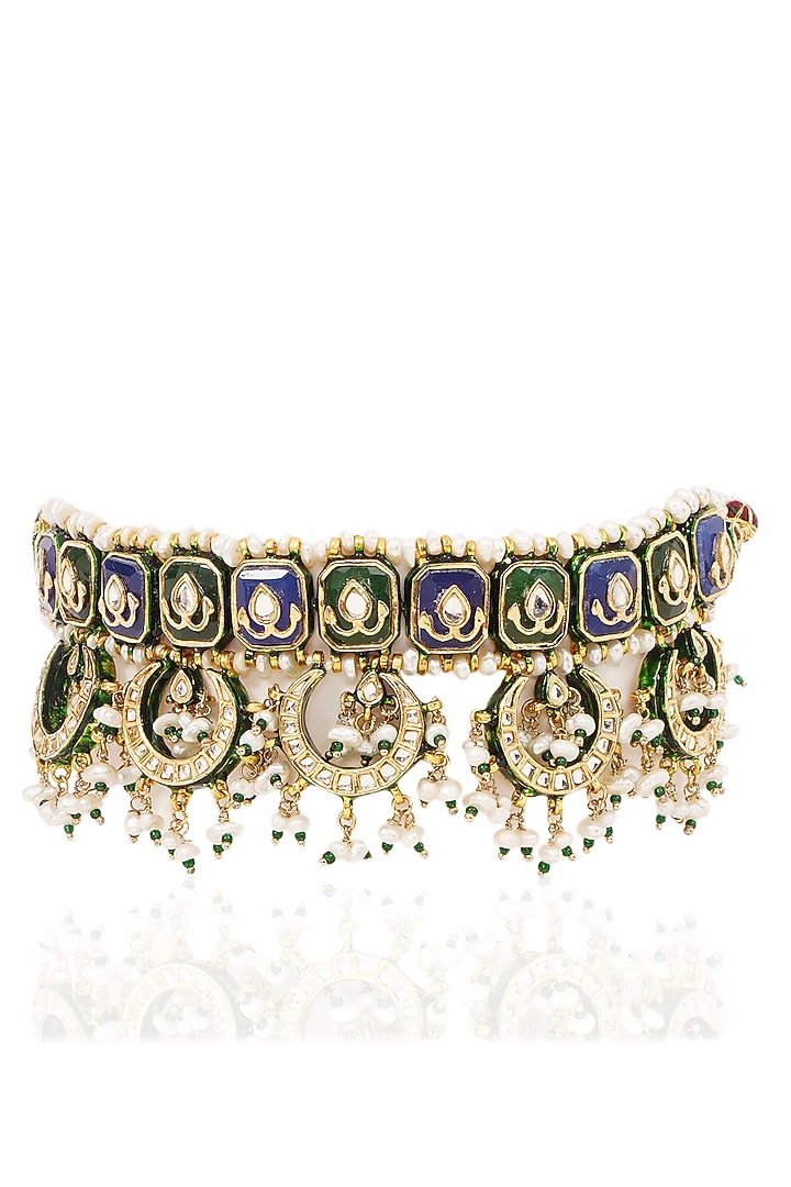 Gold Finish Kundan Polki & Pearl Choker Necklace Set by Preeti Mohan at Pernia's Pop Up Shop