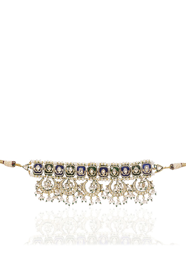 Gold Finish Kundan Polki & Pearl Choker Necklace Set by Preeti Mohan at Pernia's Pop Up Shop
