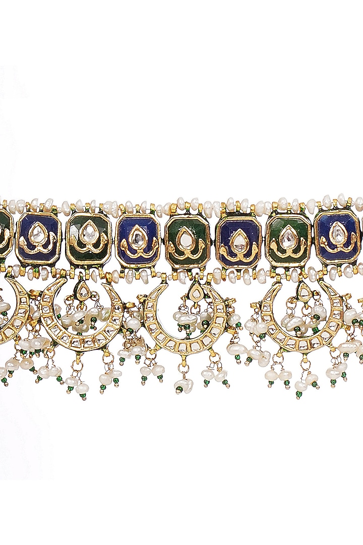 Gold Finish Kundan Polki & Pearl Choker Necklace Set by Preeti Mohan at Pernia's Pop Up Shop
