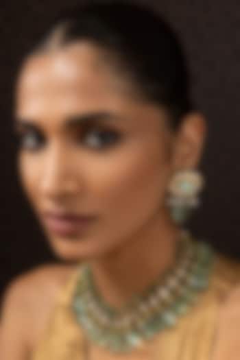 Gold Finish Kundan Polki & Fluorite Drop Choker Necklace Set by Preeti Mohan at Pernia's Pop Up Shop