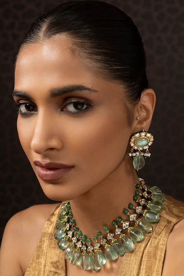 Gold Finish Kundan Polki & Fluorite Drop Choker Necklace Set by Preeti Mohan at Pernia's Pop Up Shop