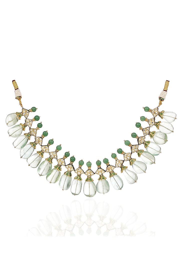 Gold Finish Kundan Polki & Fluorite Drop Choker Necklace Set by Preeti Mohan at Pernia's Pop Up Shop