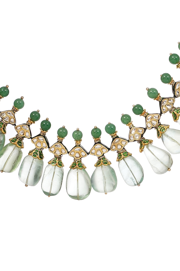 Gold Finish Kundan Polki & Fluorite Drop Choker Necklace Set by Preeti Mohan at Pernia's Pop Up Shop