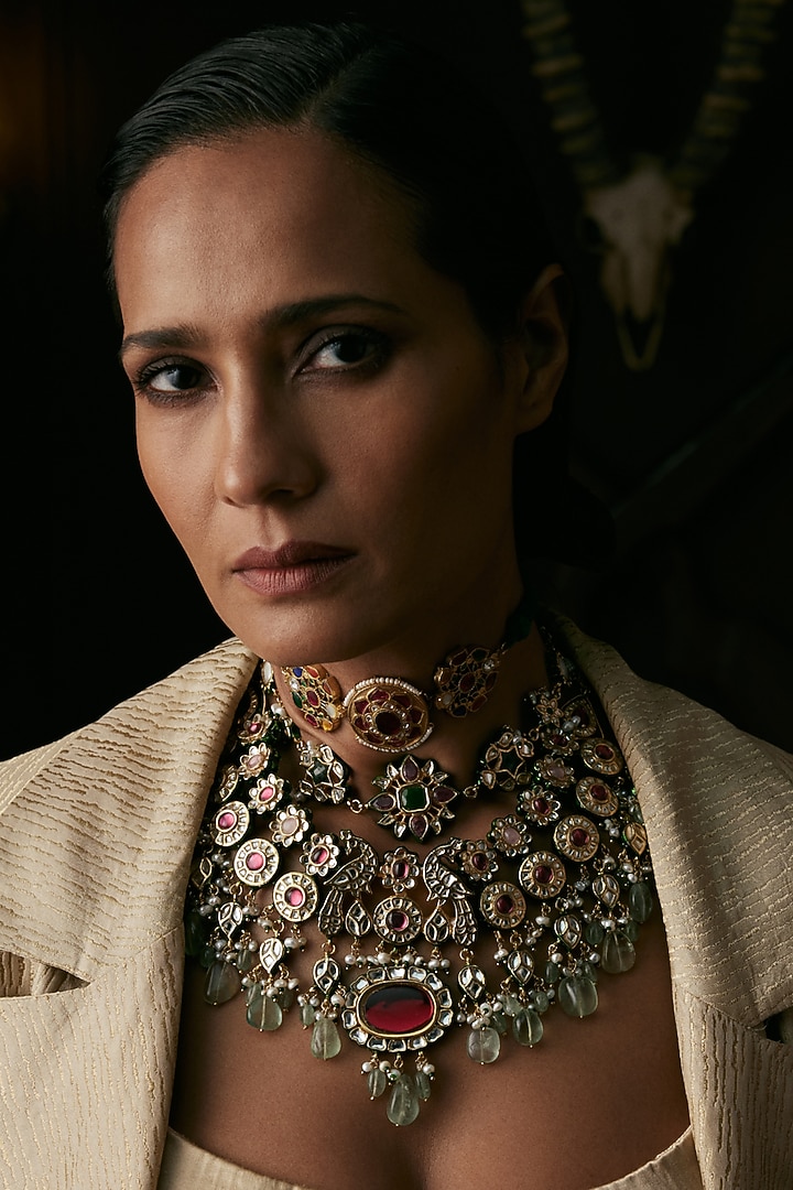 Gold Finish Kundan Polki & Ruby Choker Necklace Set by Preeti Mohan at Pernia's Pop Up Shop