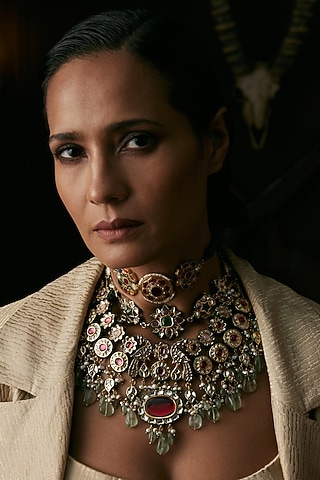 Gold Finish Kundan Polki & Ruby Choker Necklace Set by Preeti Mohan