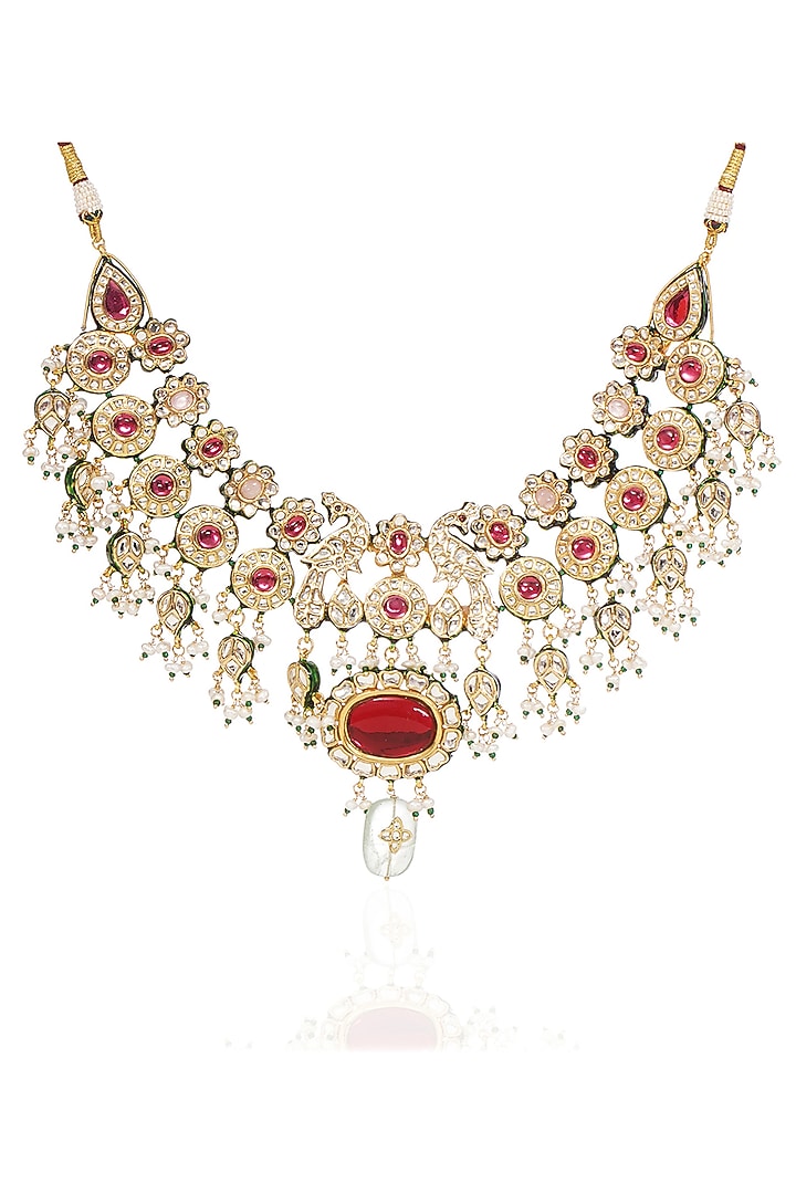 Gold Finish Kundan Polki & Ruby Choker Necklace Set by Preeti Mohan at Pernia's Pop Up Shop