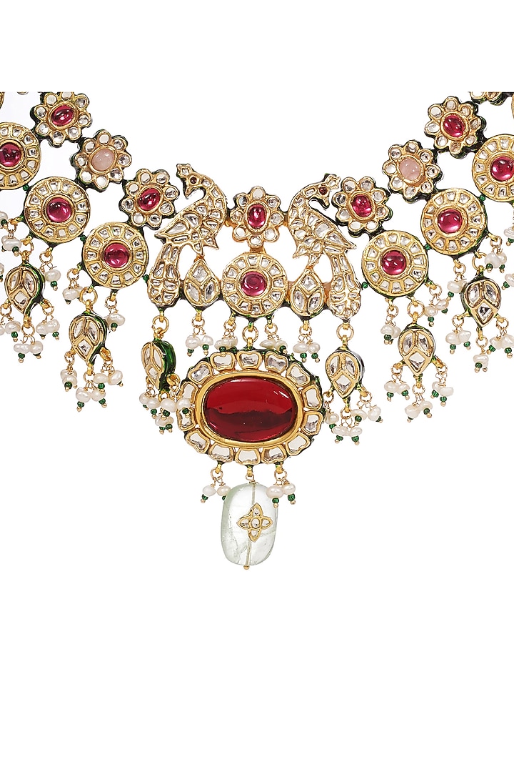 Gold Finish Kundan Polki & Ruby Choker Necklace Set by Preeti Mohan at Pernia's Pop Up Shop