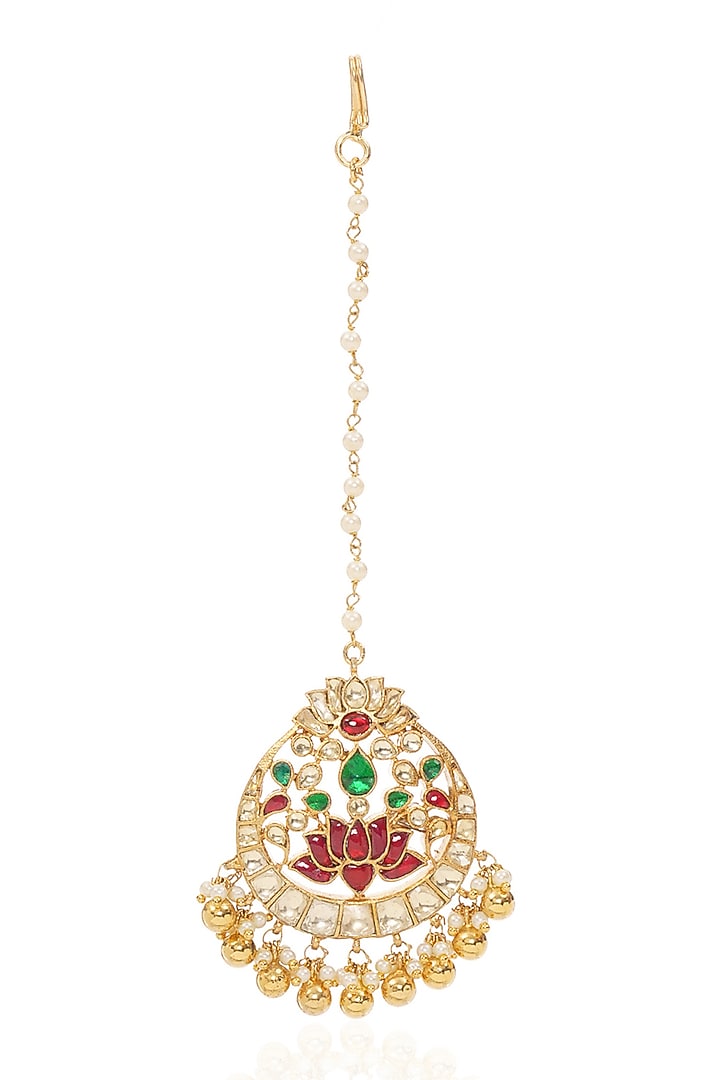 Gold Finish Kundan Polki & Green Onyx Maangtikka by Preeti Mohan at Pernia's Pop Up Shop