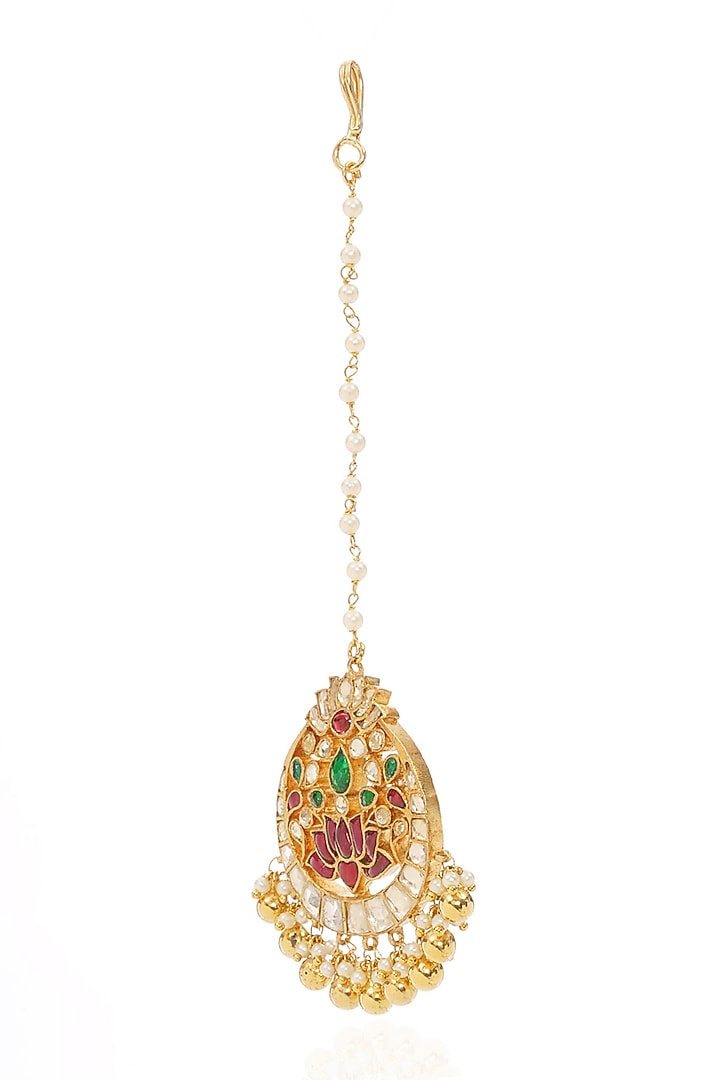 Gold Finish Kundan Polki & Green Onyx Maangtikka by Preeti Mohan at Pernia's Pop Up Shop