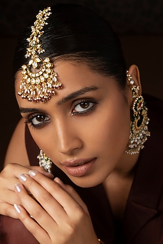 Gold Finish Kundan Polki & Ruby Maangtikka by Preeti Mohan