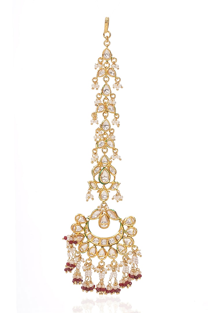 Gold Finish Kundan Polki & Ruby Maangtikka by Preeti Mohan at Pernia's Pop Up Shop