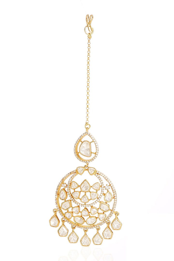 Gold Finish Moissanite Maangtikka In Sterling Silver by Preeti Mohan at Pernia's Pop Up Shop