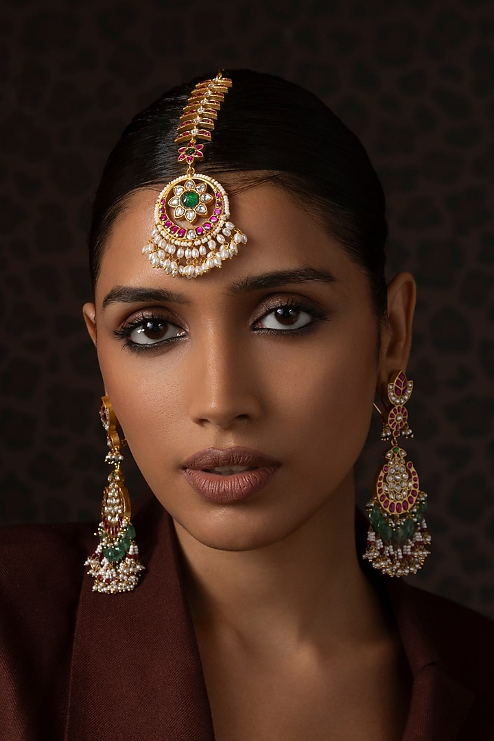 Gold Finish Kundan Polki & Pearl Maangtikka by Preeti Mohan at Pernia's Pop Up Shop