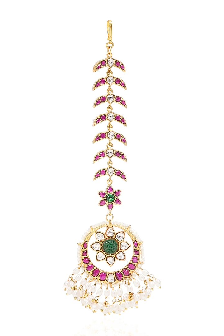 Gold Finish Kundan Polki & Pearl Maangtikka by Preeti Mohan at Pernia's Pop Up Shop