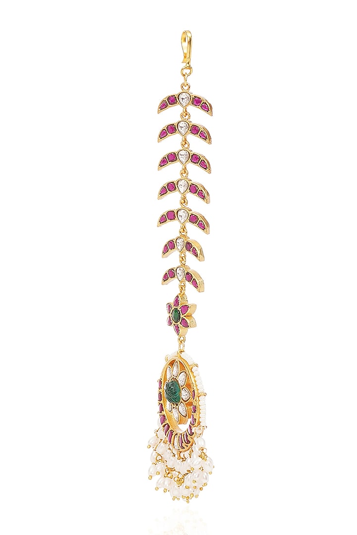 Gold Finish Kundan Polki & Pearl Maangtikka by Preeti Mohan at Pernia's Pop Up Shop