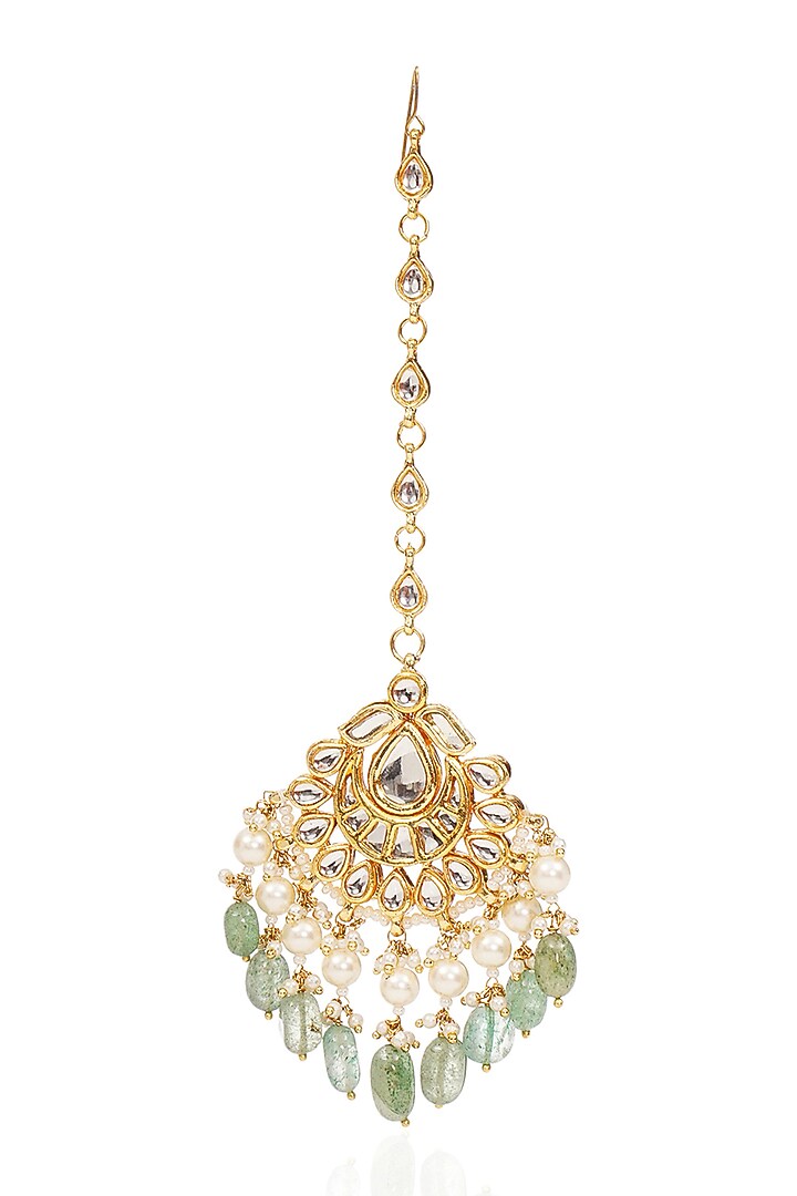 Gold Finish Kundan Polki & Pearl Maangtikka by Preeti Mohan at Pernia's Pop Up Shop