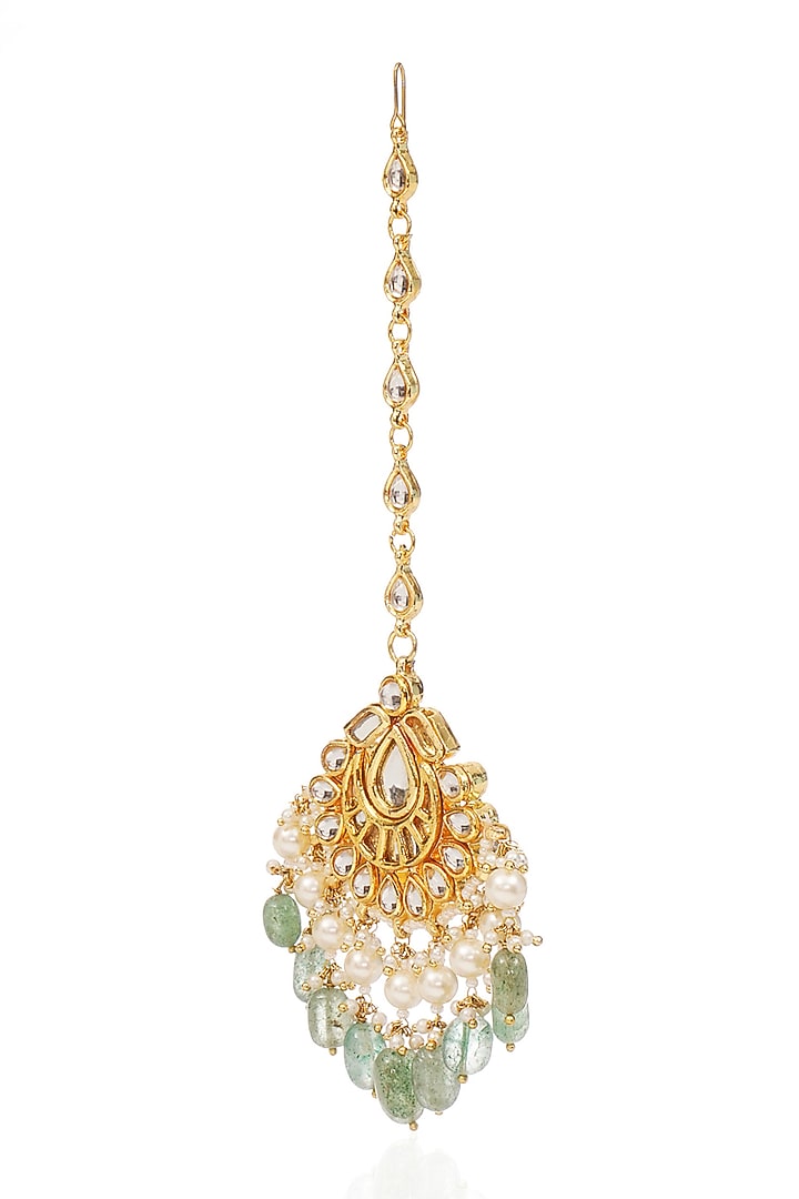 Gold Finish Kundan Polki & Pearl Maangtikka by Preeti Mohan at Pernia's Pop Up Shop