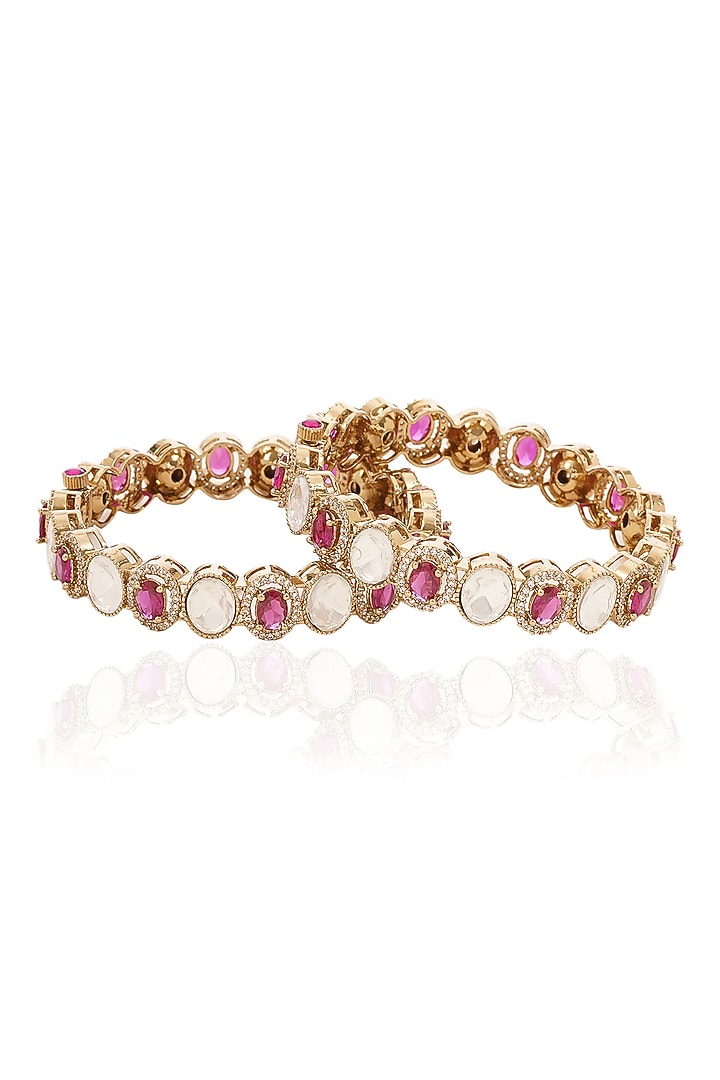 Antique Gold Finish Ruby & Kundan Polki Bangles (Set Of 2) by Preeti Mohan at Pernia's Pop Up Shop