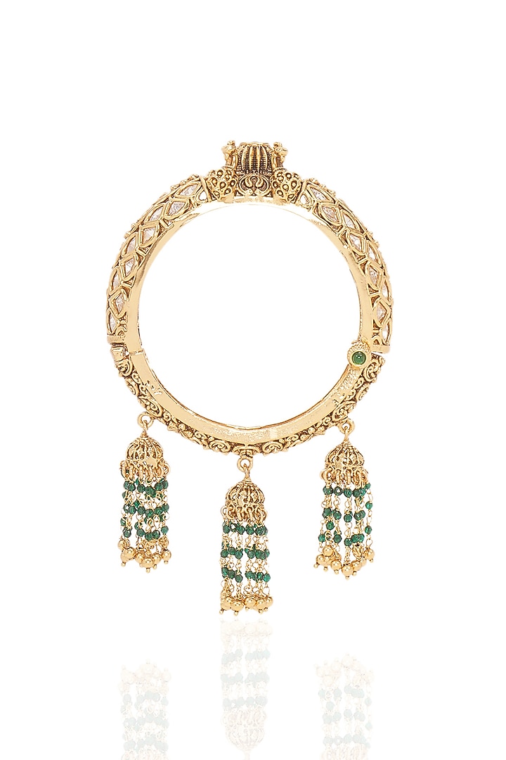 Gold Finish Kundan Polki & Pearl Openable Bangle by Preeti Mohan at Pernia's Pop Up Shop