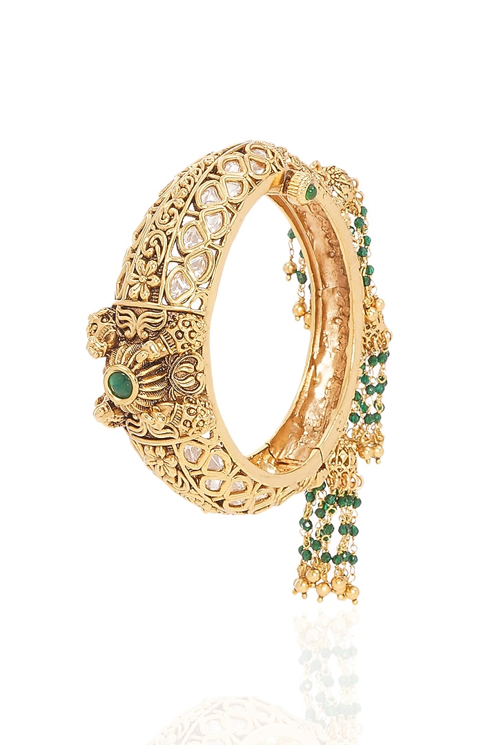 Gold Finish Kundan Polki & Pearl Openable Bangle by Preeti Mohan at Pernia's Pop Up Shop