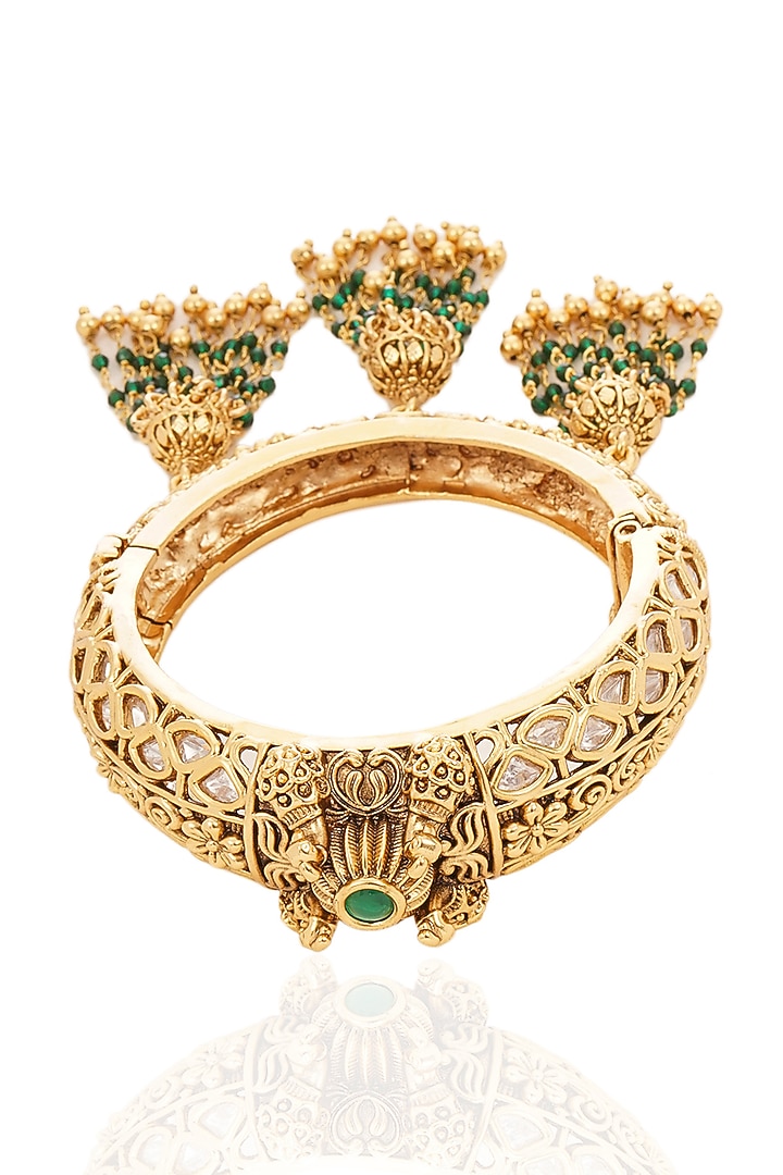 Gold Finish Kundan Polki & Pearl Openable Bangle by Preeti Mohan at Pernia's Pop Up Shop