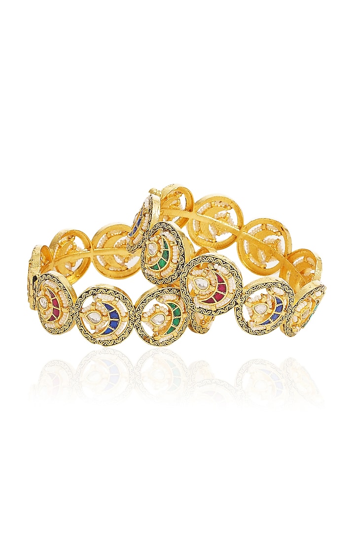 Gold Finish Kundan Polki Bangles (Set Of 2) by Preeti Mohan at Pernia's Pop Up Shop
