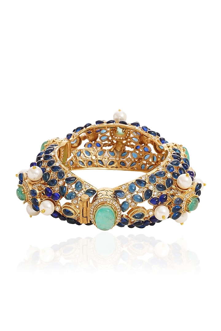 Gold Finish Blue Sapphire Bangle by Preeti Mohan at Pernia's Pop Up Shop