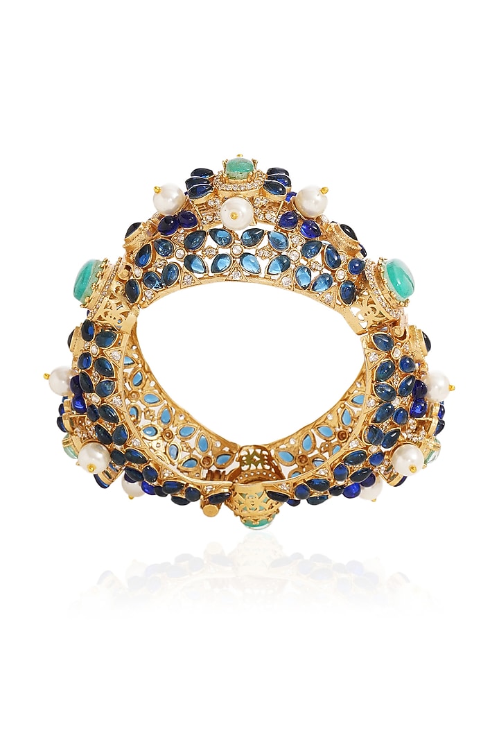 Gold Finish Blue Sapphire Bangle by Preeti Mohan at Pernia's Pop Up Shop