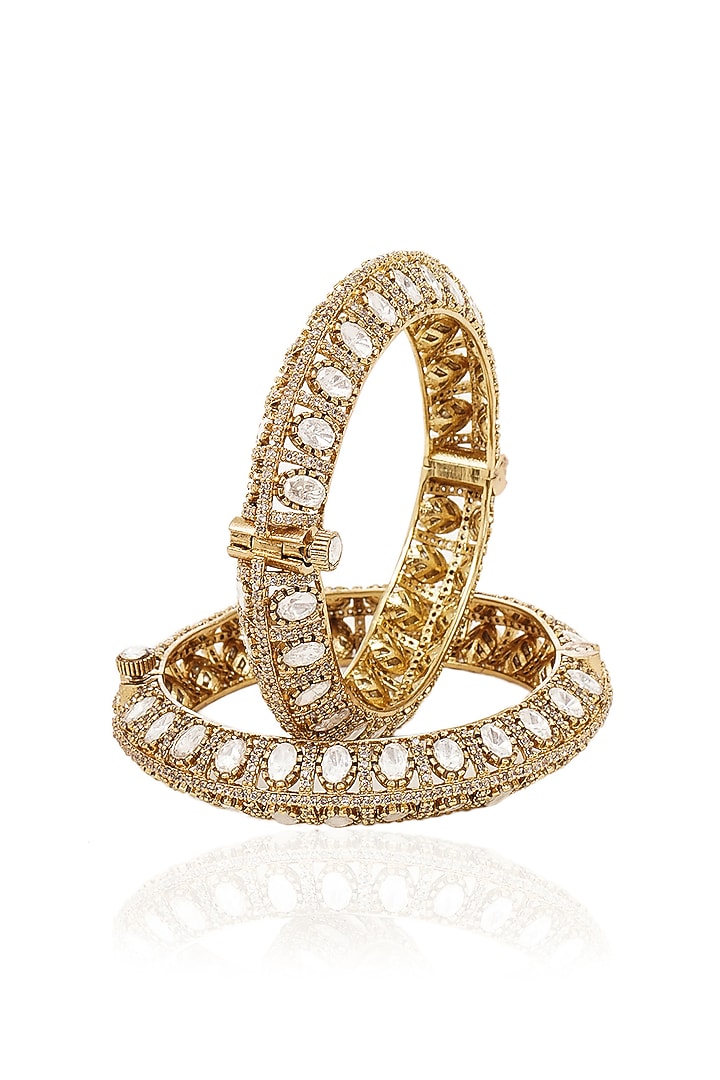 Gold Finish Kundan Polki Bangles (Set Of 2) by Preeti Mohan at Pernia's Pop Up Shop