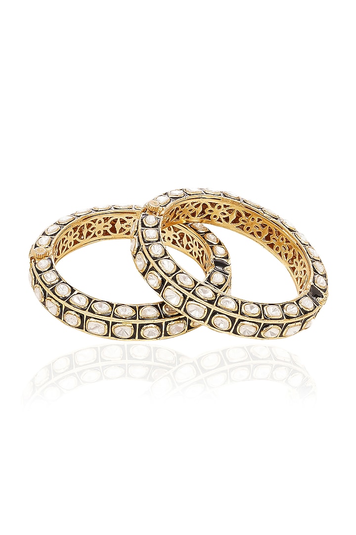 Gold Finish Black Kundan Polki Bangles (Set Of 2) by Preeti Mohan at Pernia's Pop Up Shop