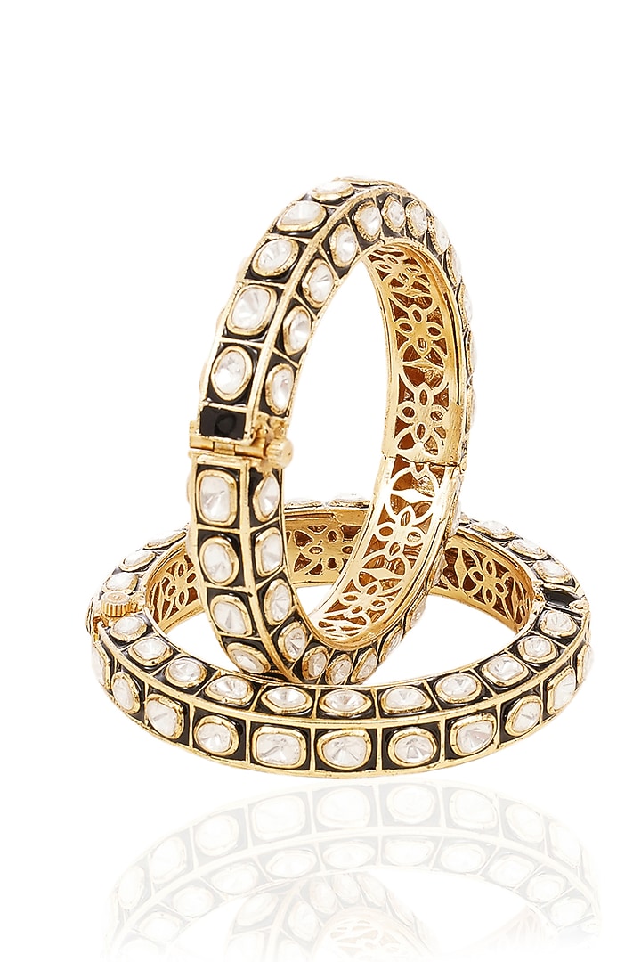 Gold Finish Black Kundan Polki Bangles (Set Of 2) by Preeti Mohan at Pernia's Pop Up Shop