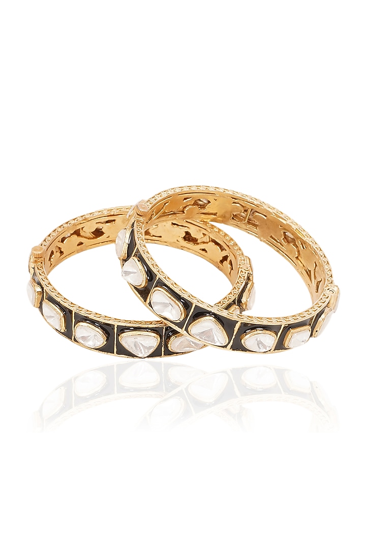 Gold Finish Black Kundan Polki Bangles (Set Of 2) by Preeti Mohan at Pernia's Pop Up Shop