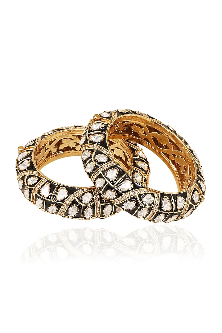 Gold Finish Black Kundan Polki Bangles (Set Of 2) by Preeti Mohan at Pernia's Pop Up Shop