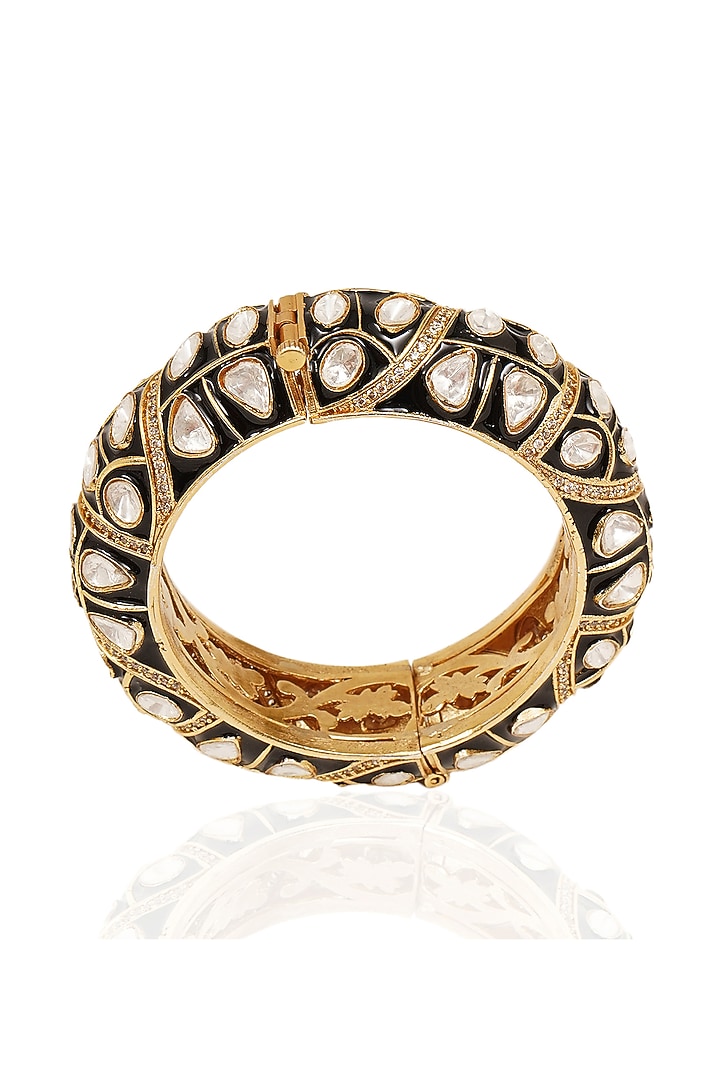 Gold Finish Black Kundan Polki Bangles (Set Of 2) by Preeti Mohan at Pernia's Pop Up Shop