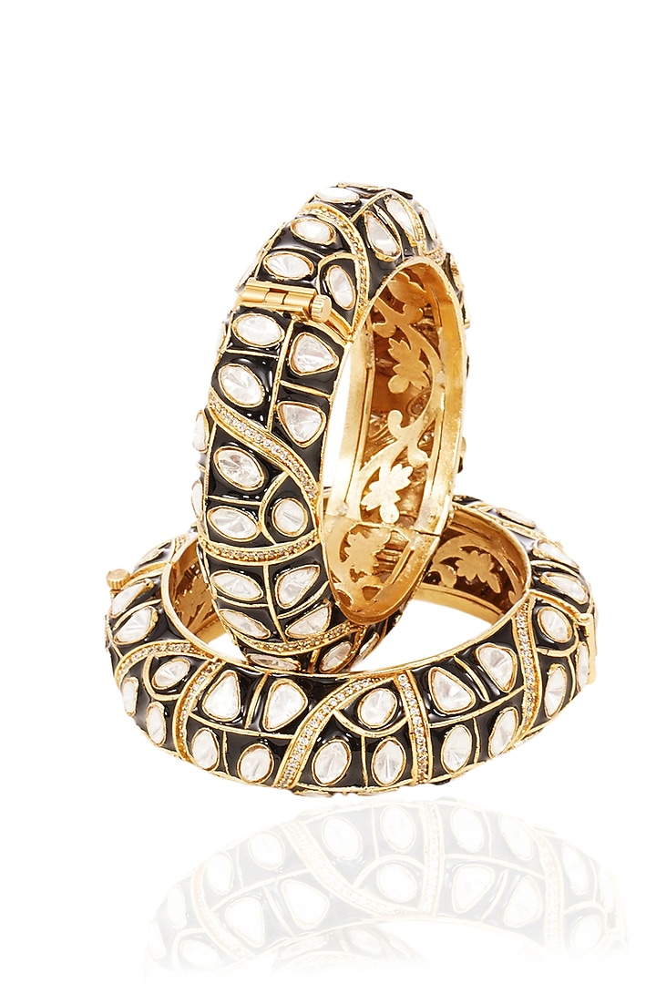 Gold Finish Black Kundan Polki Bangles (Set Of 2) by Preeti Mohan at Pernia's Pop Up Shop