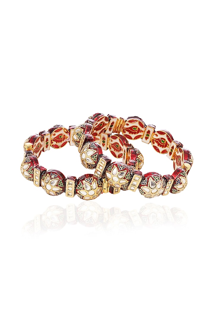 Gold Finish Red Kundan Polki Bangles (Set Of 2) by Preeti Mohan at Pernia's Pop Up Shop