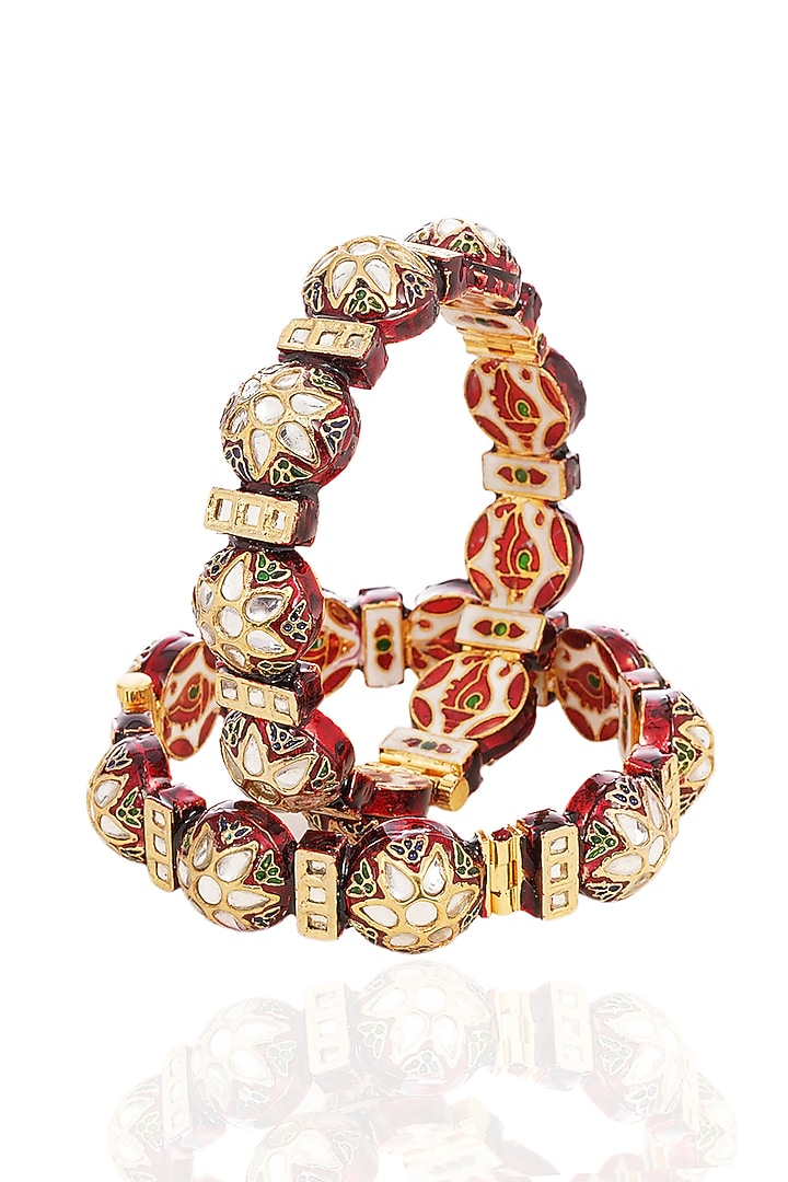 Gold Finish Red Kundan Polki Bangles (Set Of 2) by Preeti Mohan at Pernia's Pop Up Shop