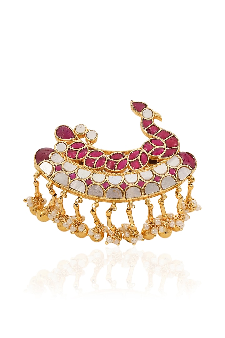Gold Finish Ruby & Mother Of Pearl Ring by Preeti Mohan at Pernia's Pop Up Shop
