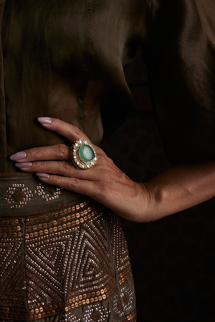 Gold Finish Kundan Polki & Mint Fluorite Stone Ring by Preeti Mohan at Pernia's Pop Up Shop