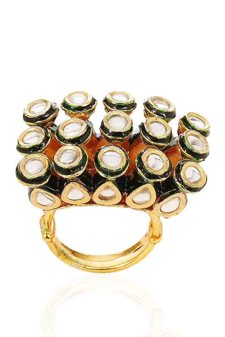 Gold Finish Green Kundan Polki Ring by Preeti Mohan at Pernia's Pop Up Shop
